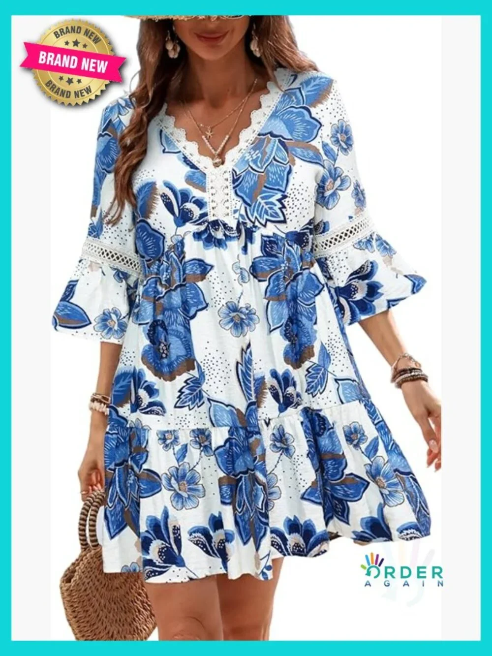 V Neck Lace Trim Mini Summer Dress Cover Up 3/4 Sleeve Ruffled Cuff Casual